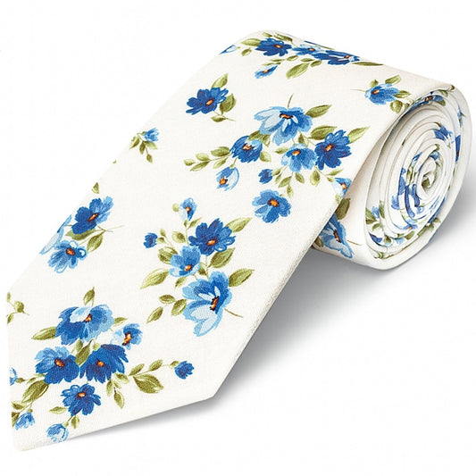 Mens Classic White Cotton Tie With Blue Flowers 1