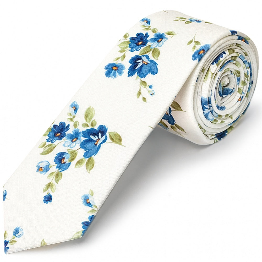 Mens Skinny White Cotton Tie With Blue Flowers 1