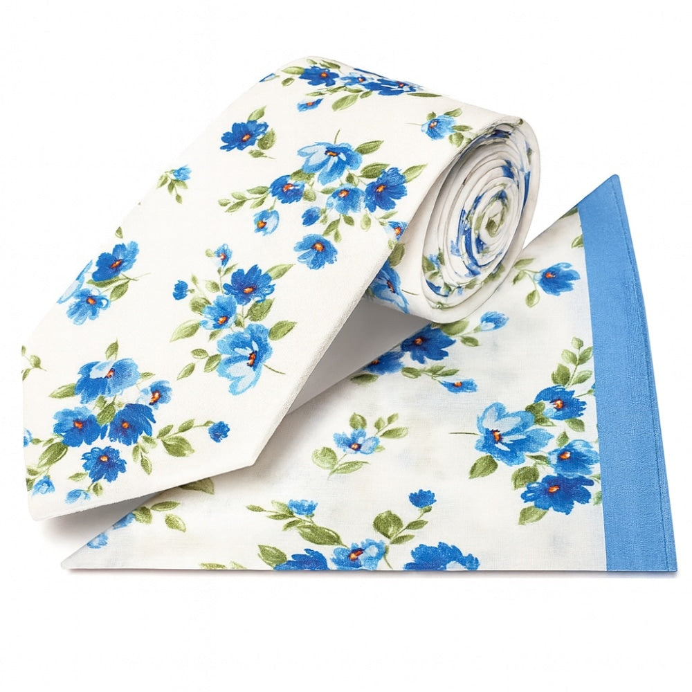 Mens Classic White Cotton Tie With Blue Flowers And Pocket Square Set 1