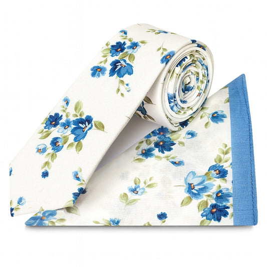 Mens Skinny White Cotton Tie With Blue Flowers And Pocket Square Set 1