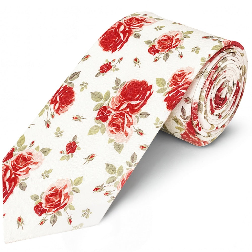 Mens Classic White Cotton Tie With Pink Roses 1