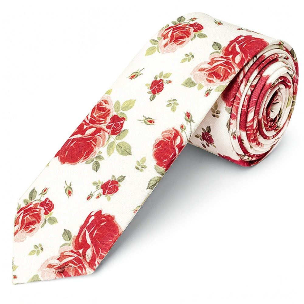 Mens Skinny White Cotton Tie With Pink Roses 1