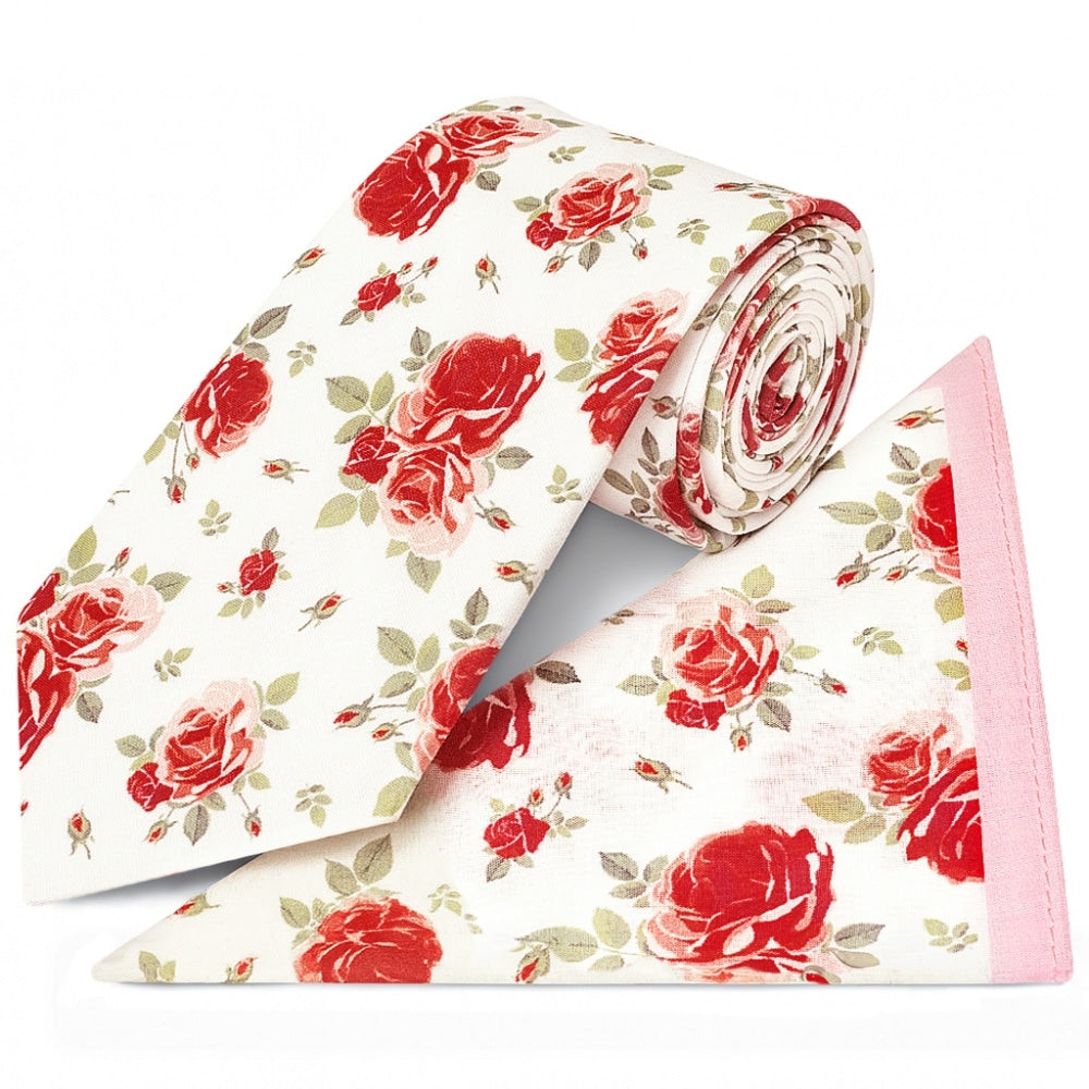 Mens Classic White Cotton Tie With Pink Roses And Pocket Square Set 1