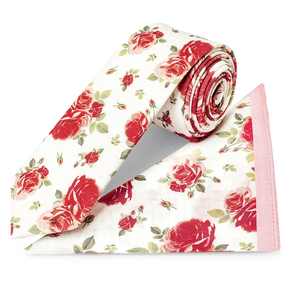 Mens Skinny White Cotton Tie With Pink Roses And Pocket Square Set 1