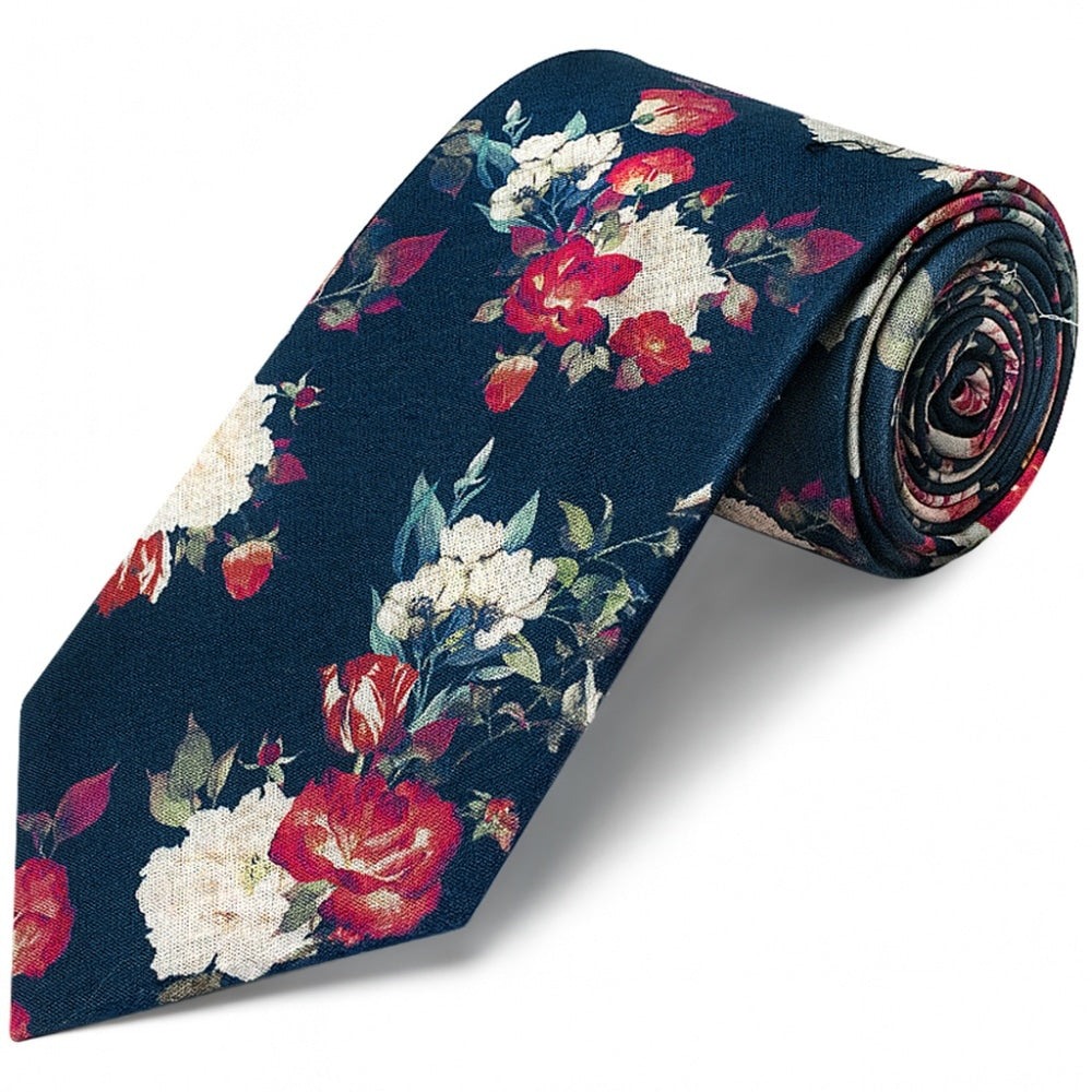 Mens Classic Navy Cotton Tie With White And Red Flowers 1
