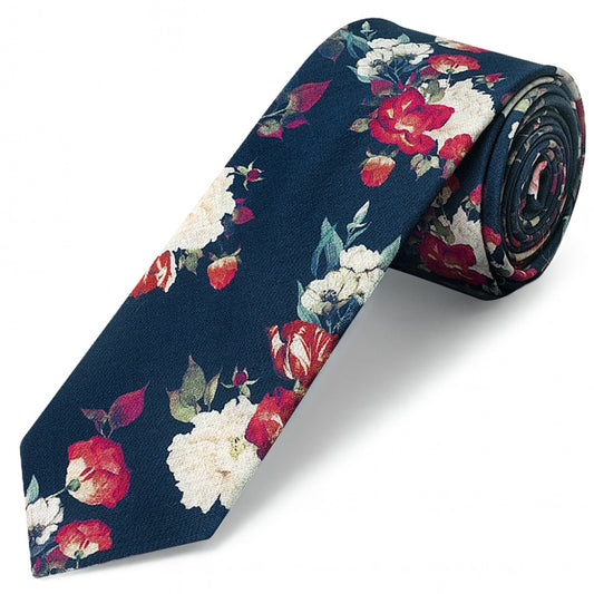 Mens Skinny Navy Cotton Tie With White And Red Flowers 1