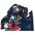 Mens Classic Navy Cotton Tie with White and Red Flowers and Pocket Square Set