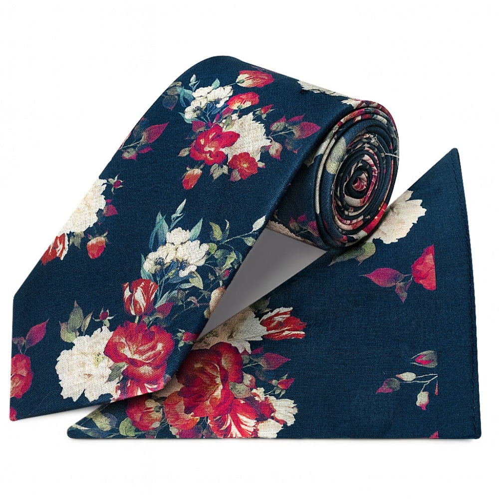 Mens Classic Navy Cotton Tie With White And Red Flowers And Pocket Square Set 1