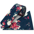 Mens Skinny Navy Cotton Tie with White and Red Flowers and Pocket Square Set
