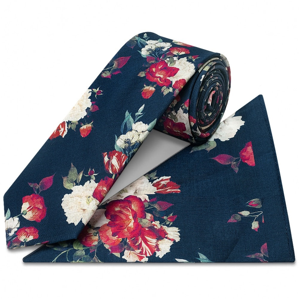 Mens Skinny Navy Cotton Tie With White And Red Flowers And Pocket Square Set 1