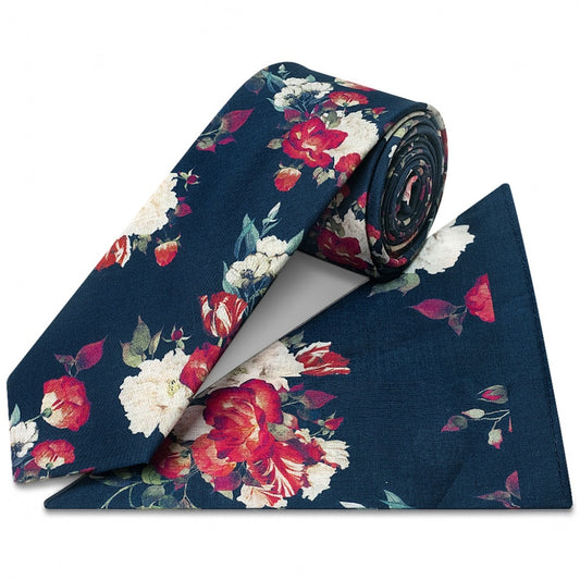 Mens Skinny Navy Cotton Tie With White And Red Flowers And Pocket Square Set 1
