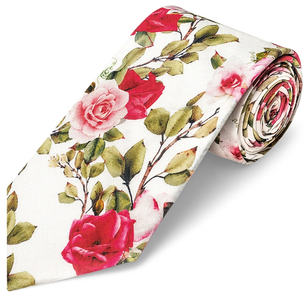 Mens Classic White Cotton Tie With Green Leaves And Roses 1