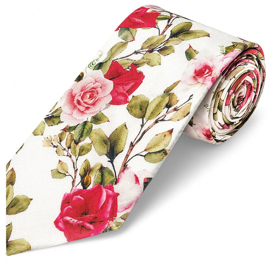 Mens Classic White Cotton Tie With Green Leaves And Roses 1