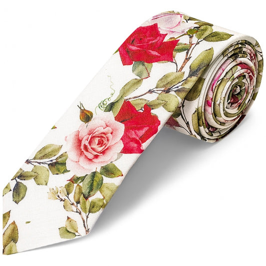 Mens Skinny White Cotton Tie With Green Leaves And Roses 1