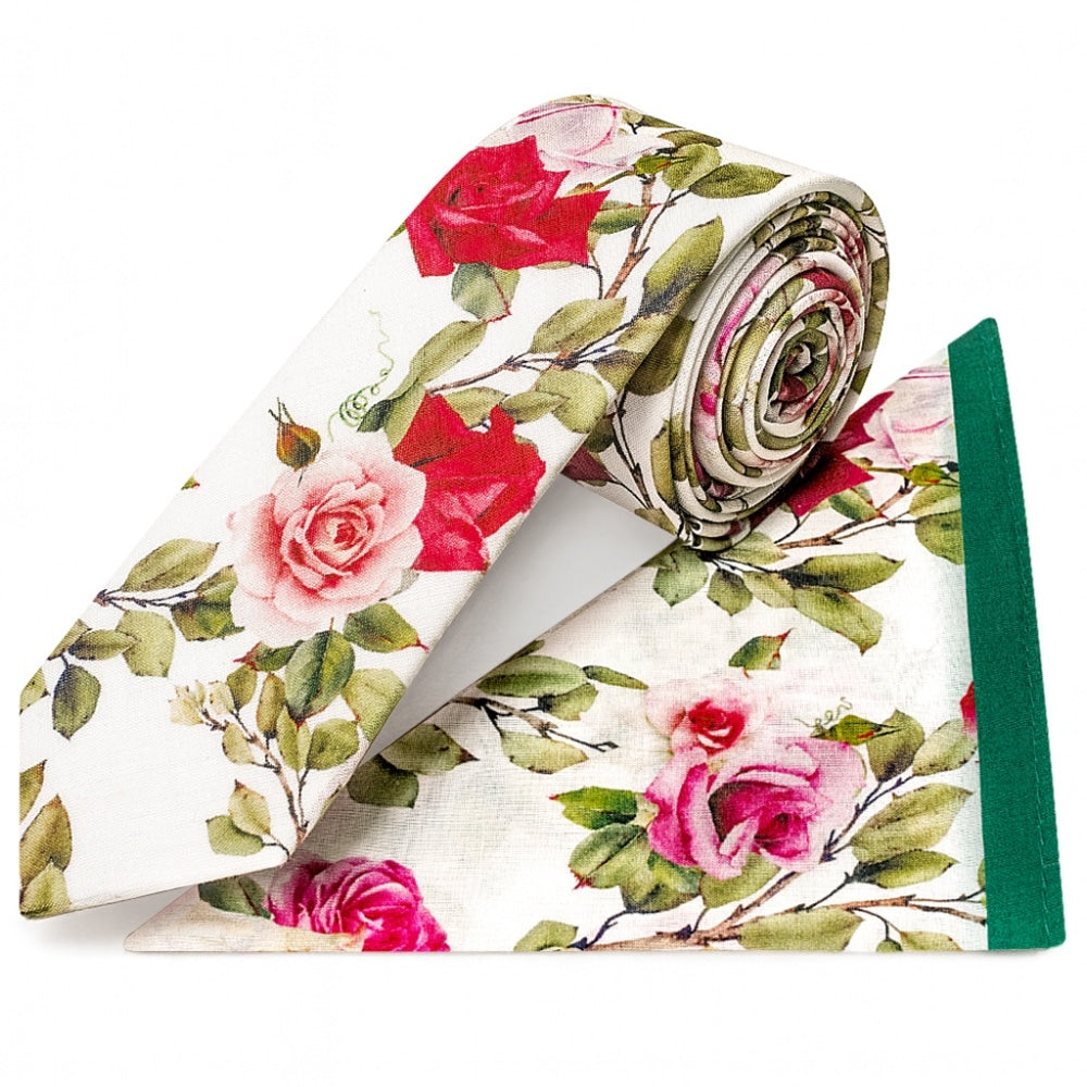 Mens Skinny White Cotton Tie With Green Leaves And Roses And Pocket Square Set 1