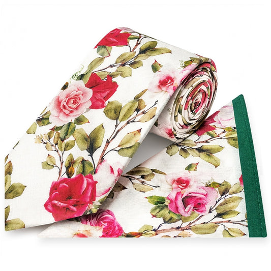 Mens Classic White Cotton Tie With Green Leaves And Roses And Pocket Square Set 1