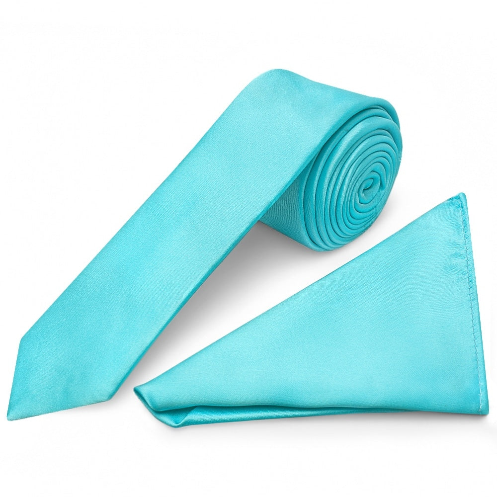 Tiffany Blue Satin Skinny Mens Tie And Pocket Square Set 1