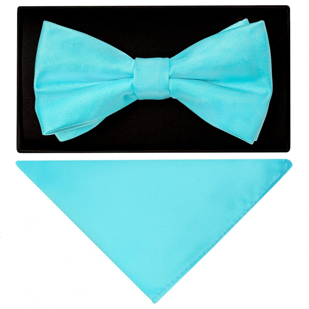 Plain Tiffany Blue Handmade Mens Bow Tie And Pocket Square Set 1