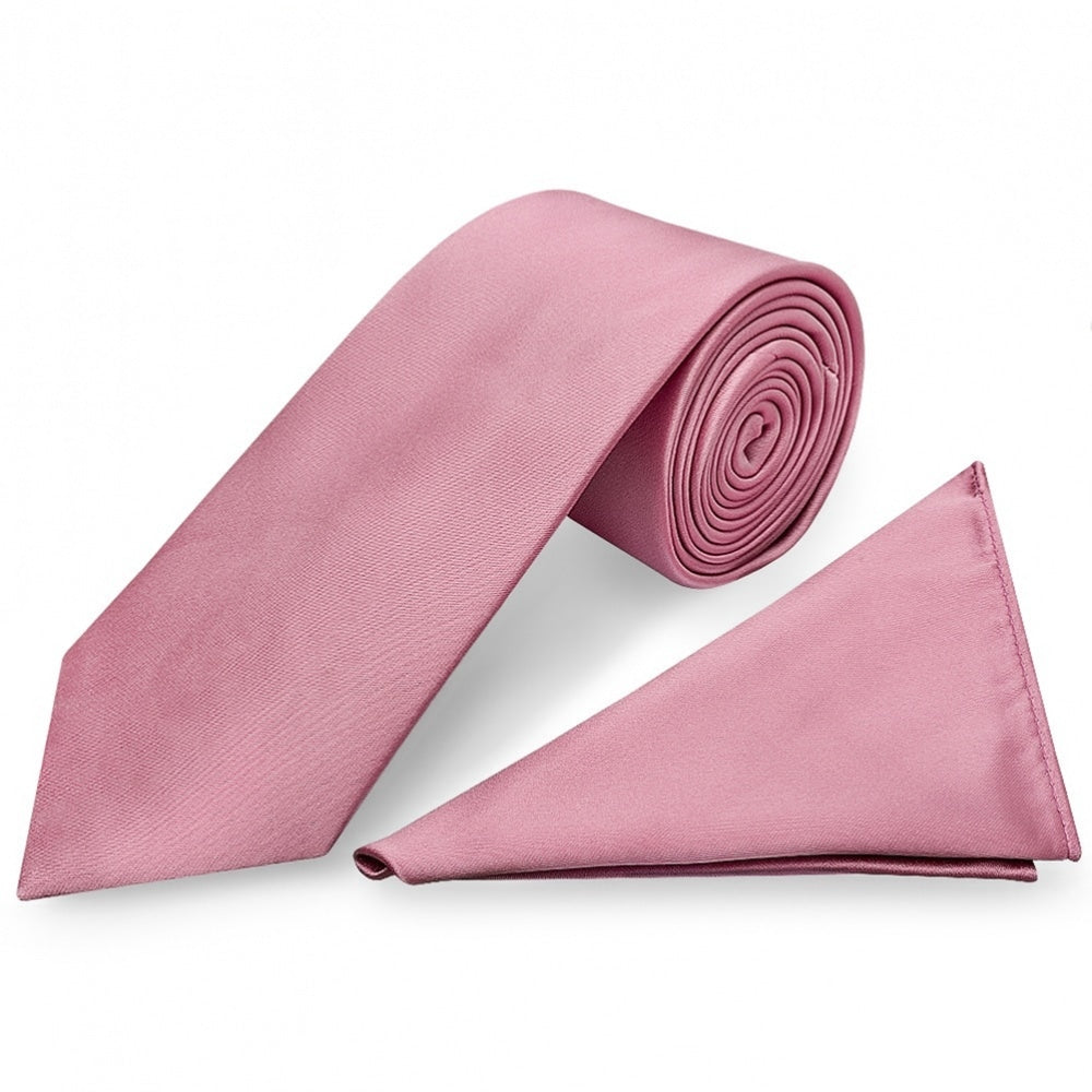 Plain Dusty Pink Satin Classic Mens Tie And Pocket Square Set 1