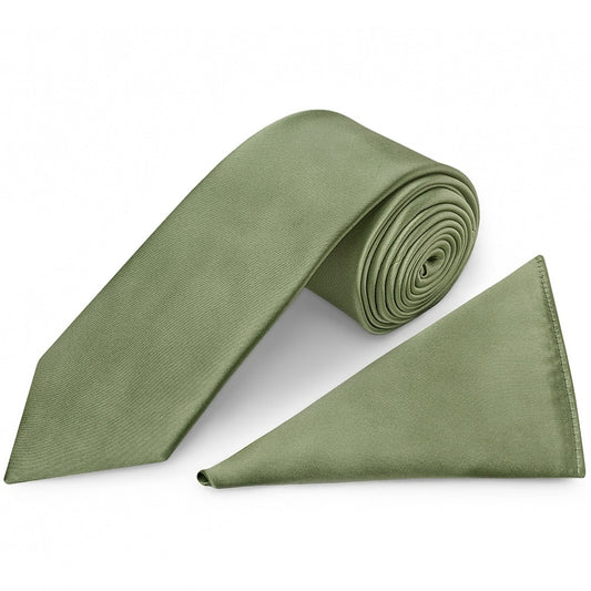 Plain Olive Green Satin Classic Mens Tie And Pocket Square Set 1