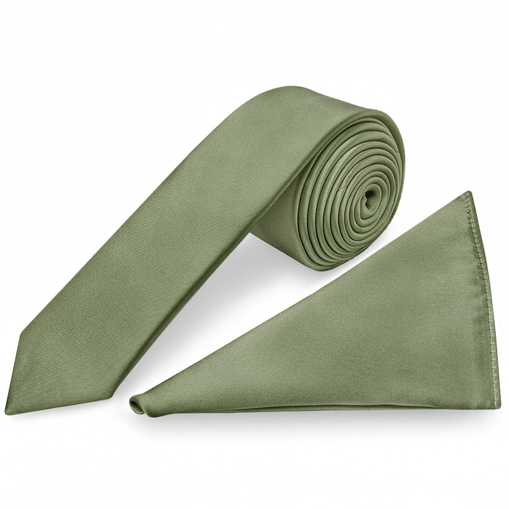Plain Olive Green Satin Skinny Mens Tie And Pocket Square Set 1