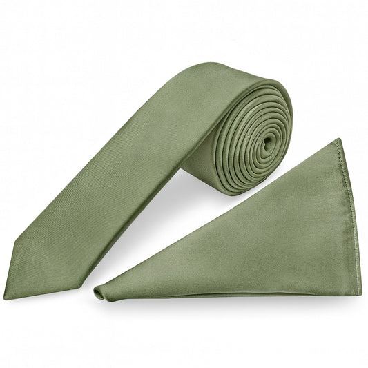 Plain Olive Green Satin Boys Skinny Tie And Pocket Square Set 1