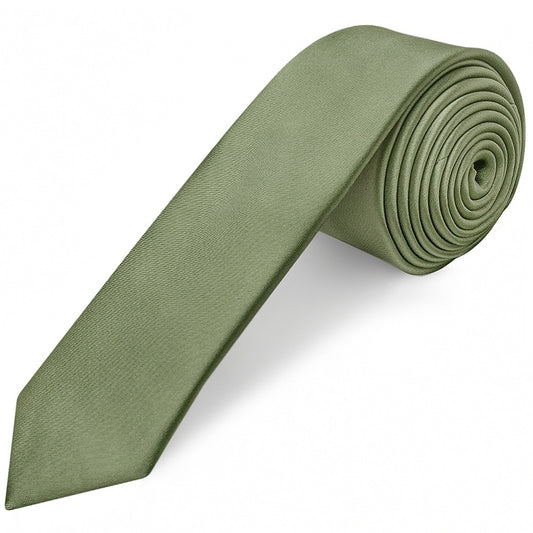 Plain Olive Green Satin Boys Skinny Tie And Pocket Square Set 2