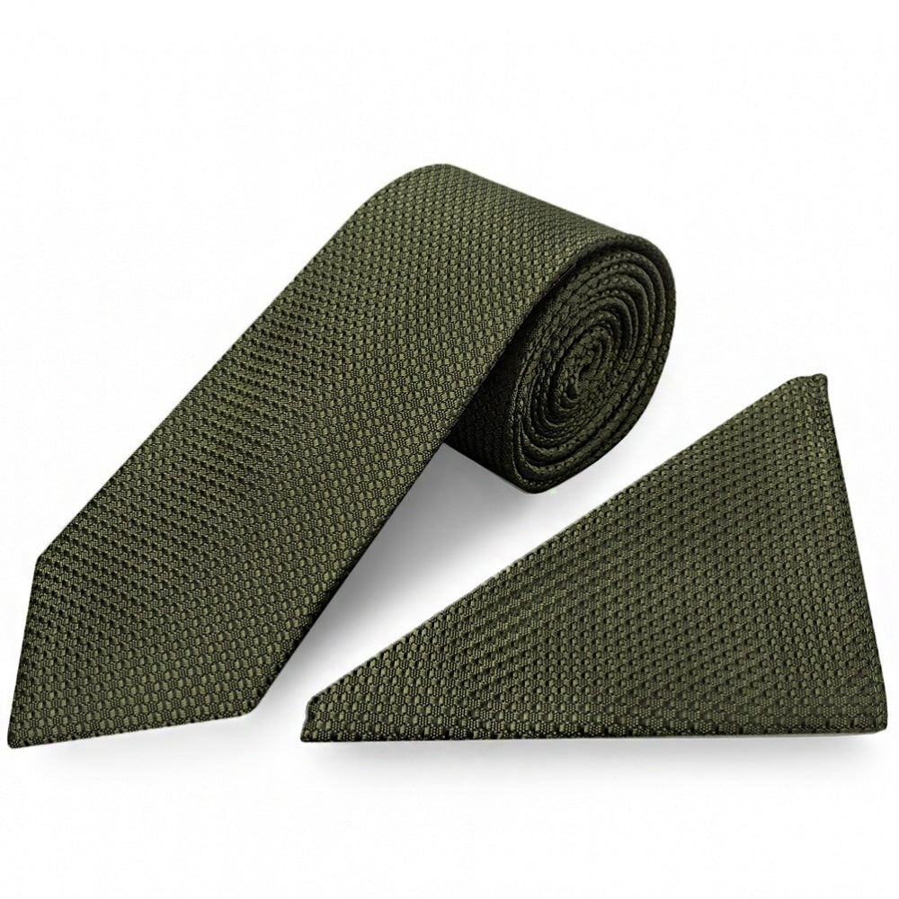 Olive Green Textured Classic Tie and Pocket Square Set
