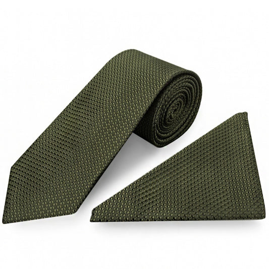 Olive Green Textured Classic Tie And Pocket Square Set 1