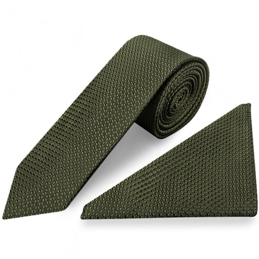Olive Green Textured Skinny Tie And Pocket Square Set 1