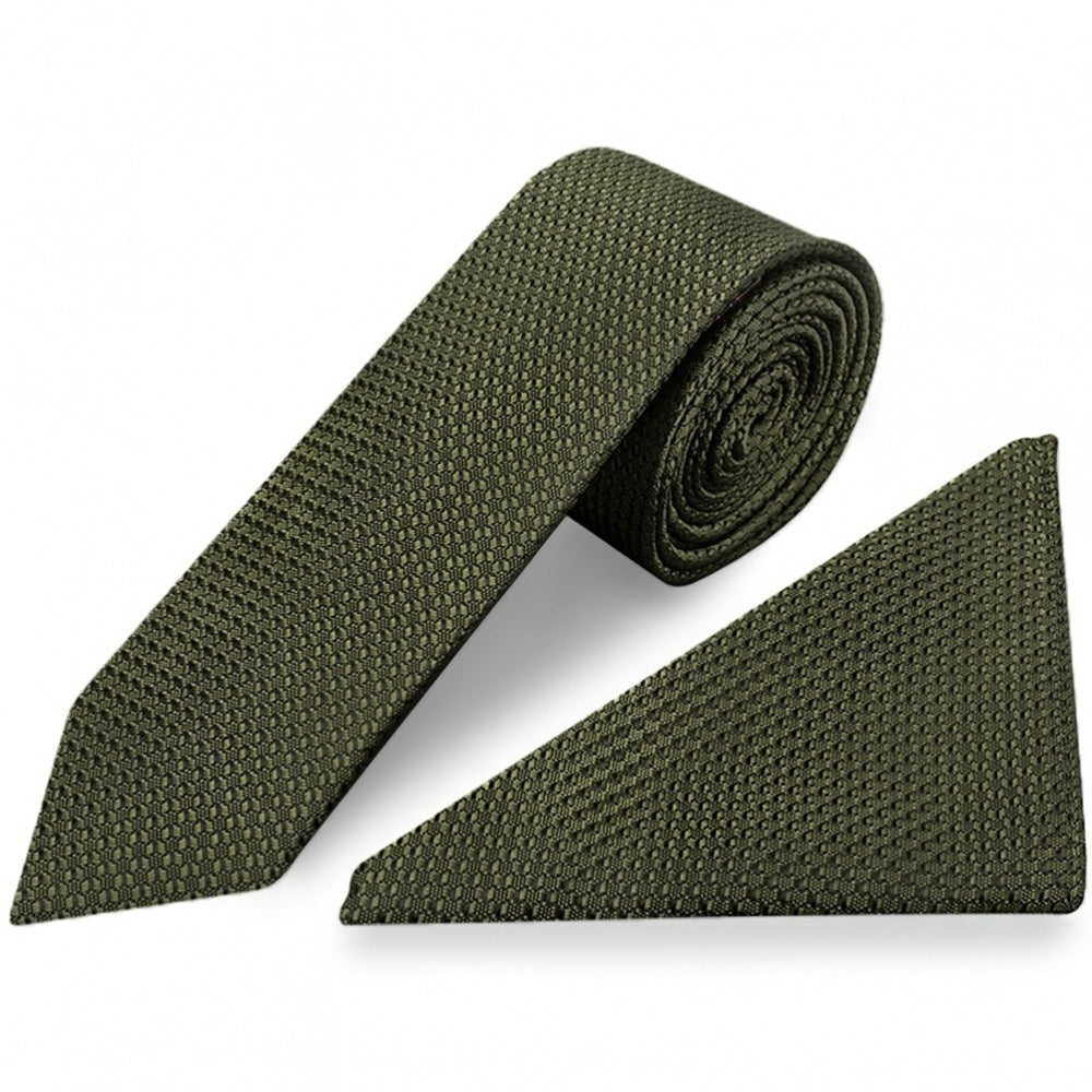 Olive Green Boys Textured Skinny Tie And Pocket Square Set 1