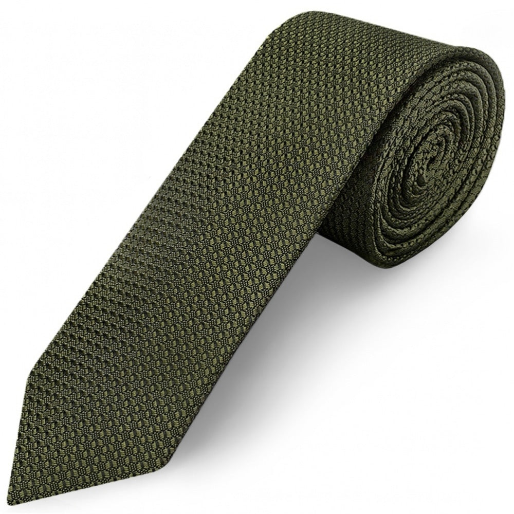 Olive Green Boys Textured Skinny Tie and Pocket Square Set