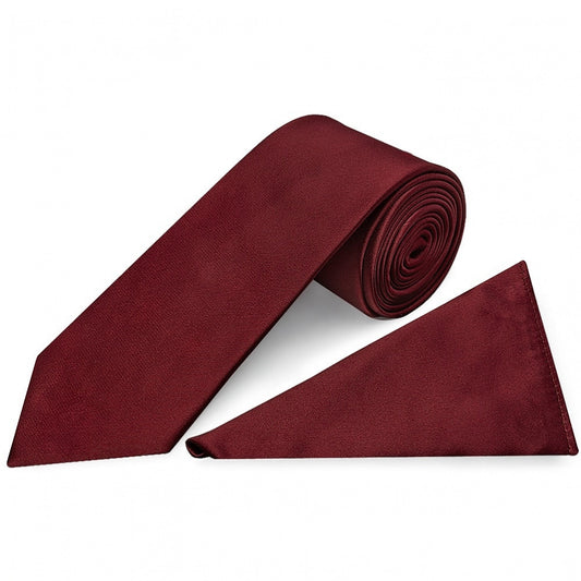 Plain Burgundy Satin Classic Mens Tie And Pocket Square Set 1