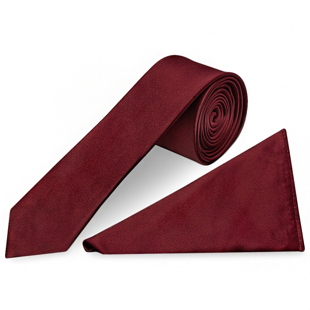 Plain Burgundy Satin Skinny Mens Tie And Pocket Square Set 1