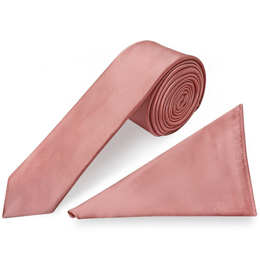 Rose Gold Satin Skinny Mens Tie And Pocket Square Set 1