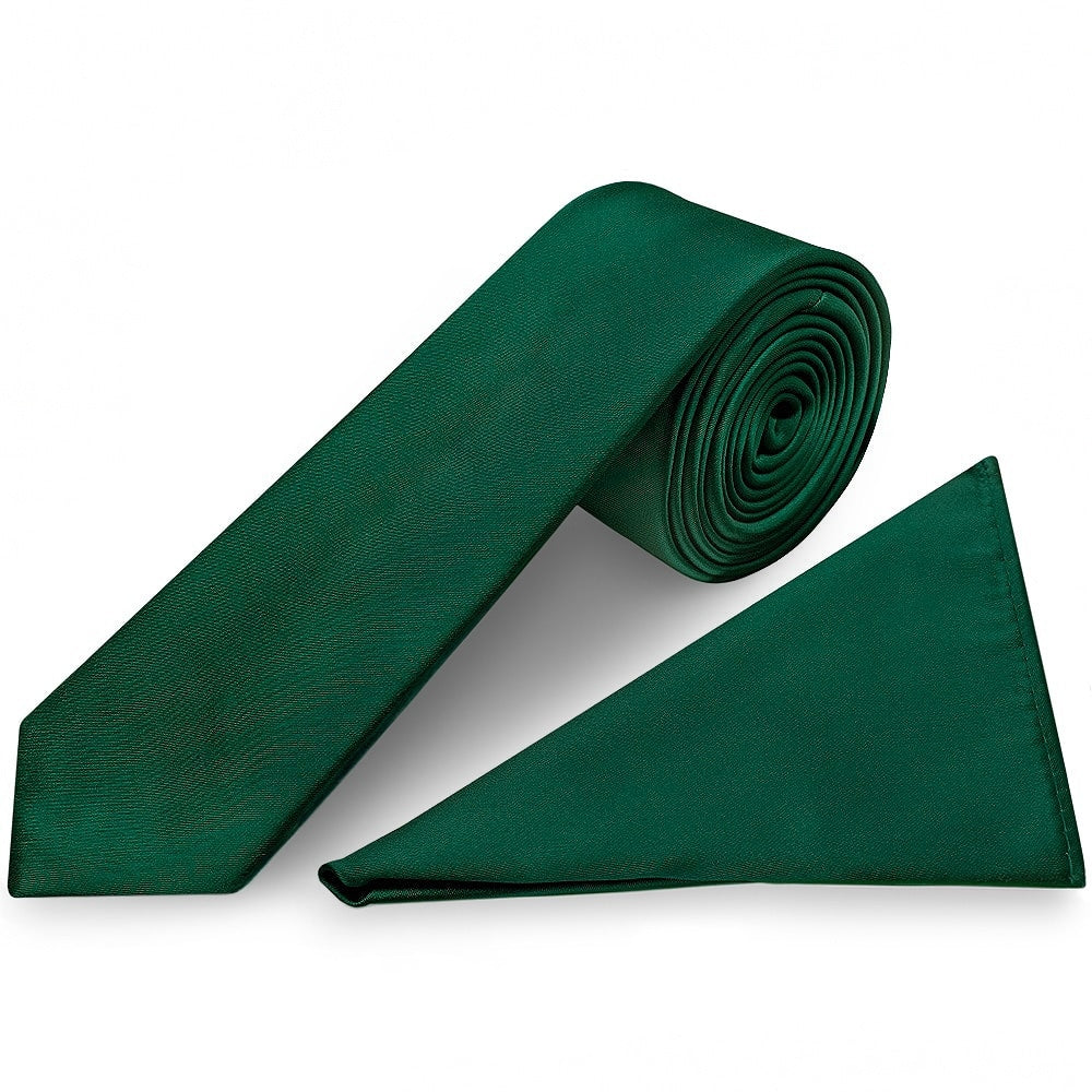 Plain Bottle Green Satin Skinny Boys Tie And Pocket Square Set 1