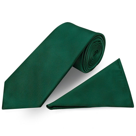 Plain Bottle Green Satin Classic Mens Tie and Pocket Square Set