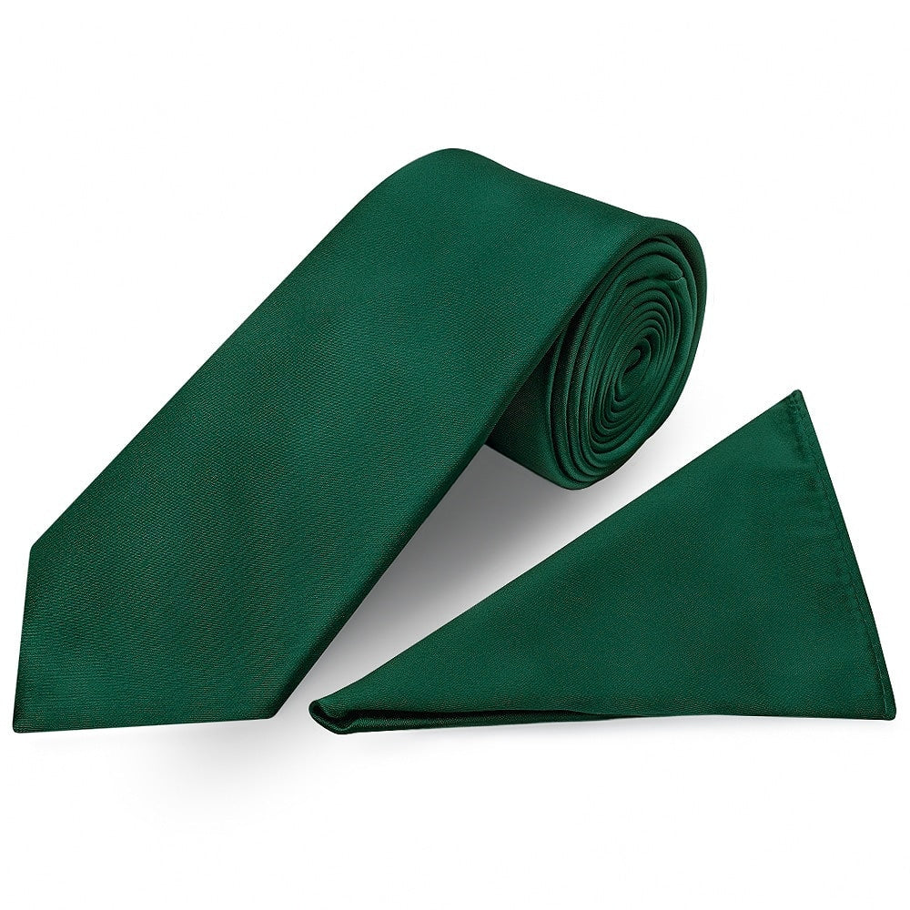 Plain Bottle Green Satin Classic Mens Tie And Pocket Square Set 1
