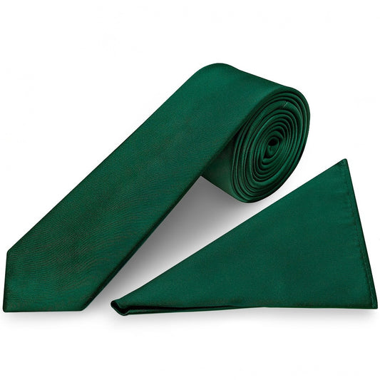 Plain Bottle Green Satin Skinny Mens Tie and Pocket Square Set