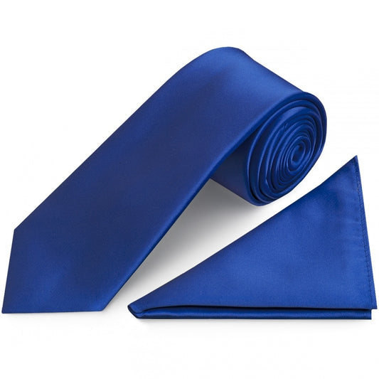 Plain Royal Blue Satin Classic Mens Tie And Pocket Square Set 1