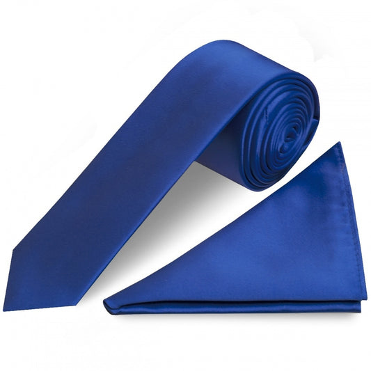 Plain Royal Blue Satin Skinny Mens Tie And Pocket Square Set 1