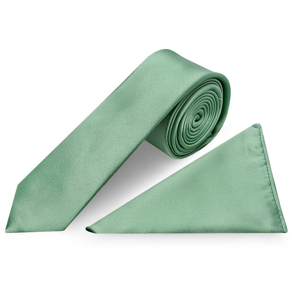 Plain Seagrass Satin Skinny Mens Tie And Pocket Square Set 1