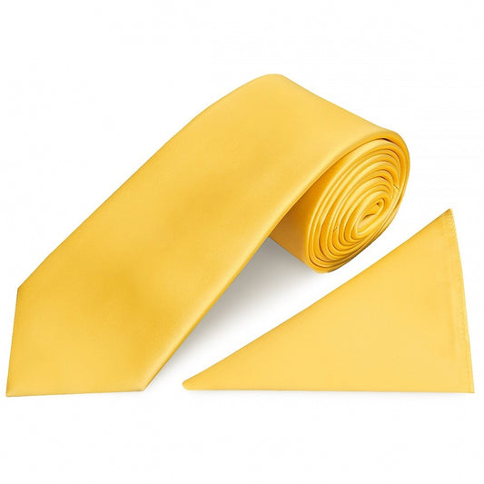 Plain Yellow Gold Satin Classic Mens Tie And Pocket Square Set 1