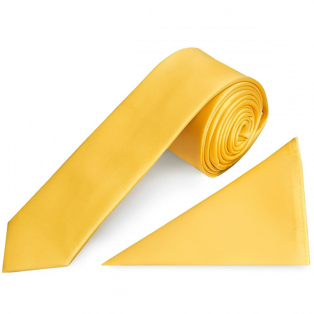 Plain Yellow Gold Satin Skinny Mens Tie And Pocket Square Set 1