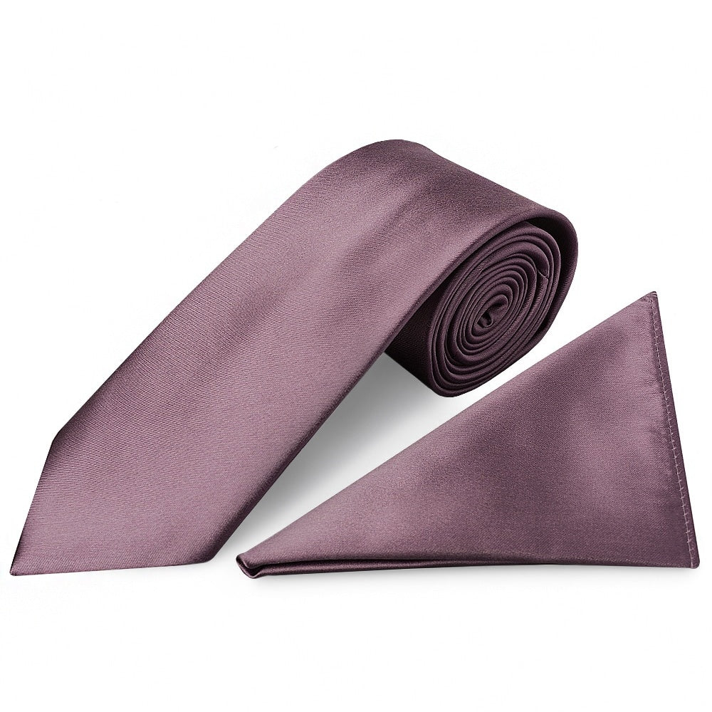 Plain Mauve Satin Classic Mens Tie and Pocket Square Set