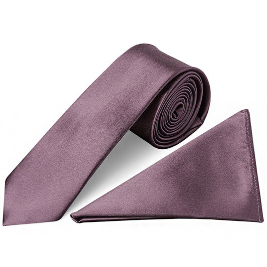 Plain Mauve Satin Skinny Boys Tie and Pocket Square Set