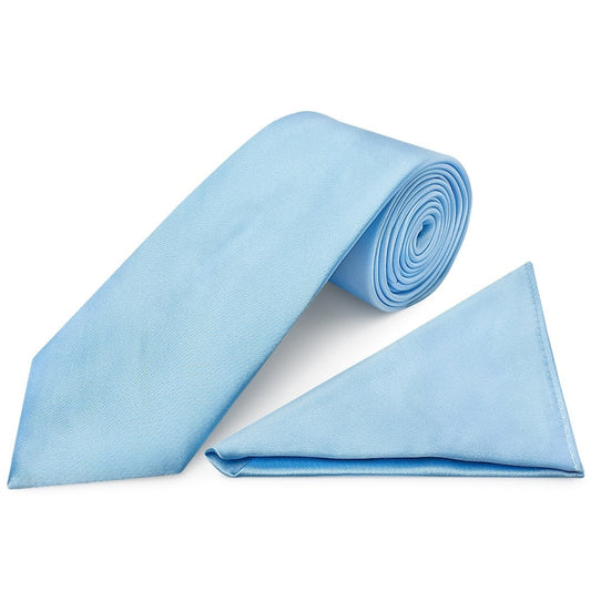 Plain Sky Blue Satin Classic Mens Tie and Pocket Square Set
