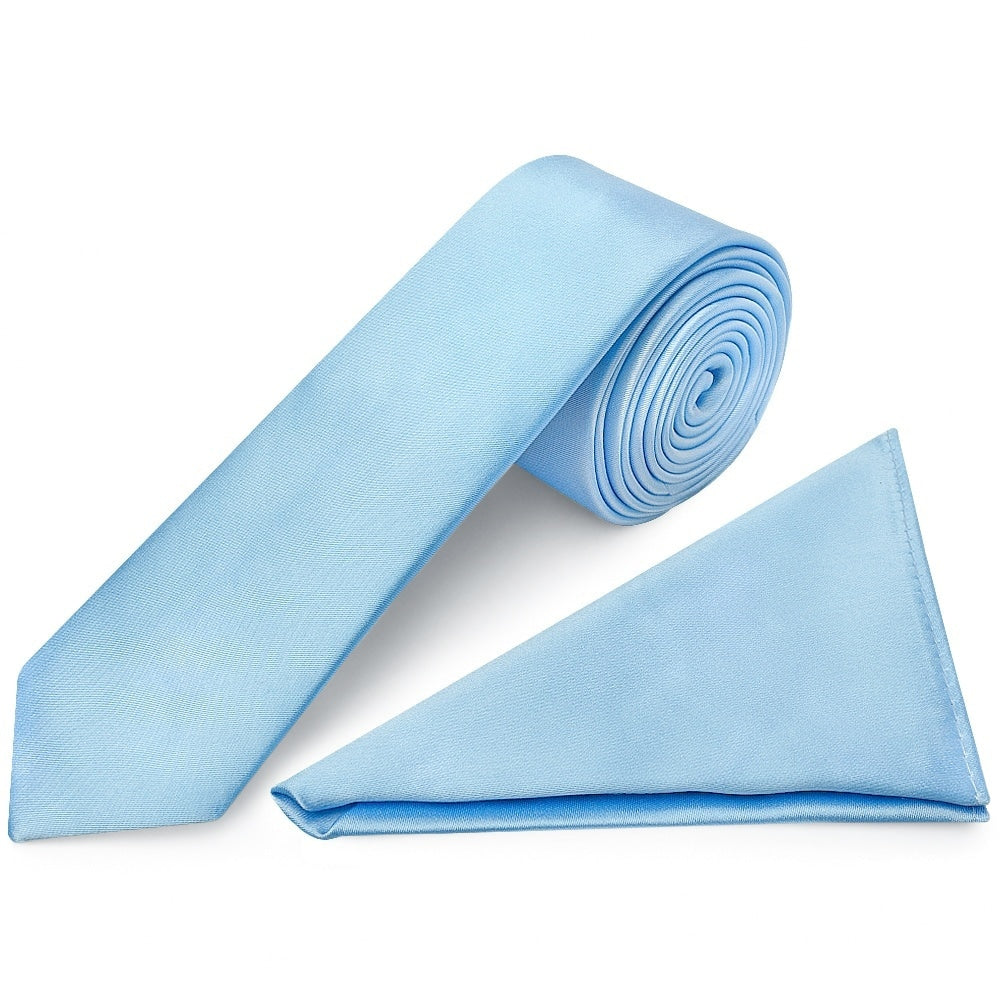 Plain Sky Blue Satin Skinny Boys Tie And Pocket Square Set 1