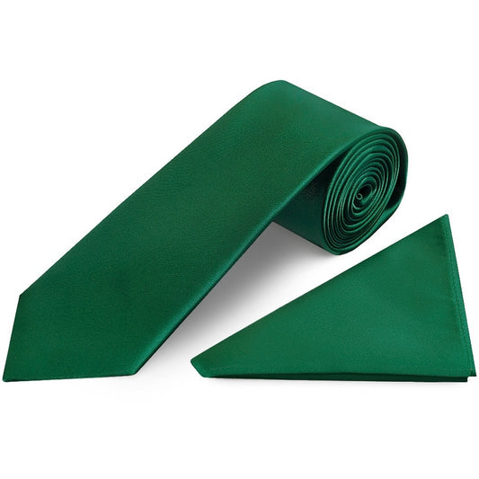 Plain Forest Green Satin Classic Mens Tie And Pocket Square Set 1