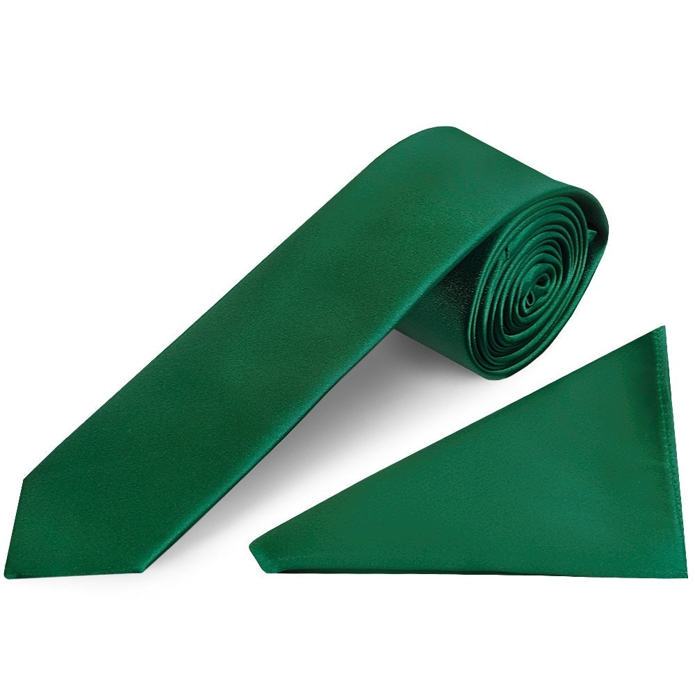 Plain Forest Green Satin Skinny Boys Tie And Pocket Square Set 1